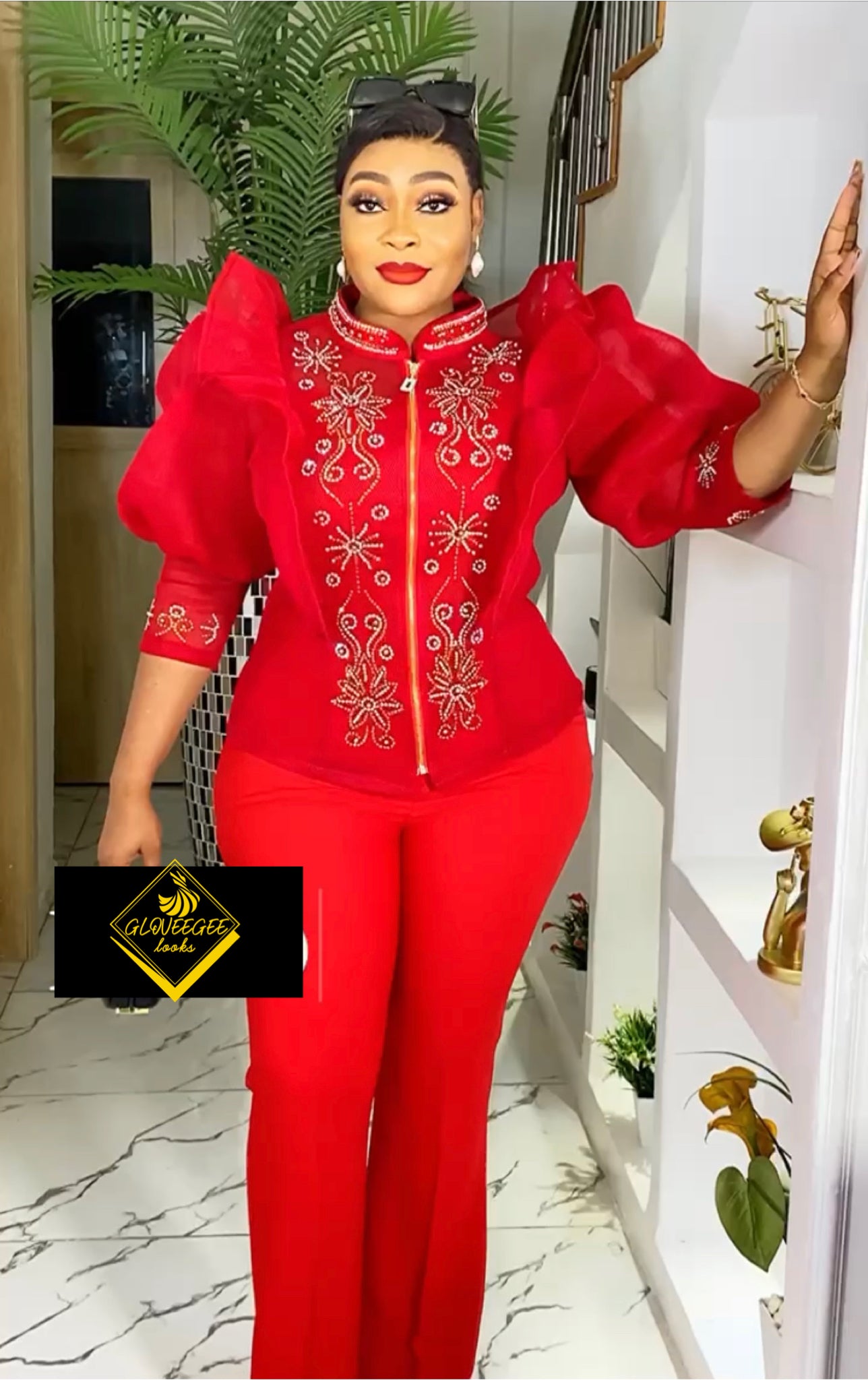 Embellished Mesh Puff Blouse