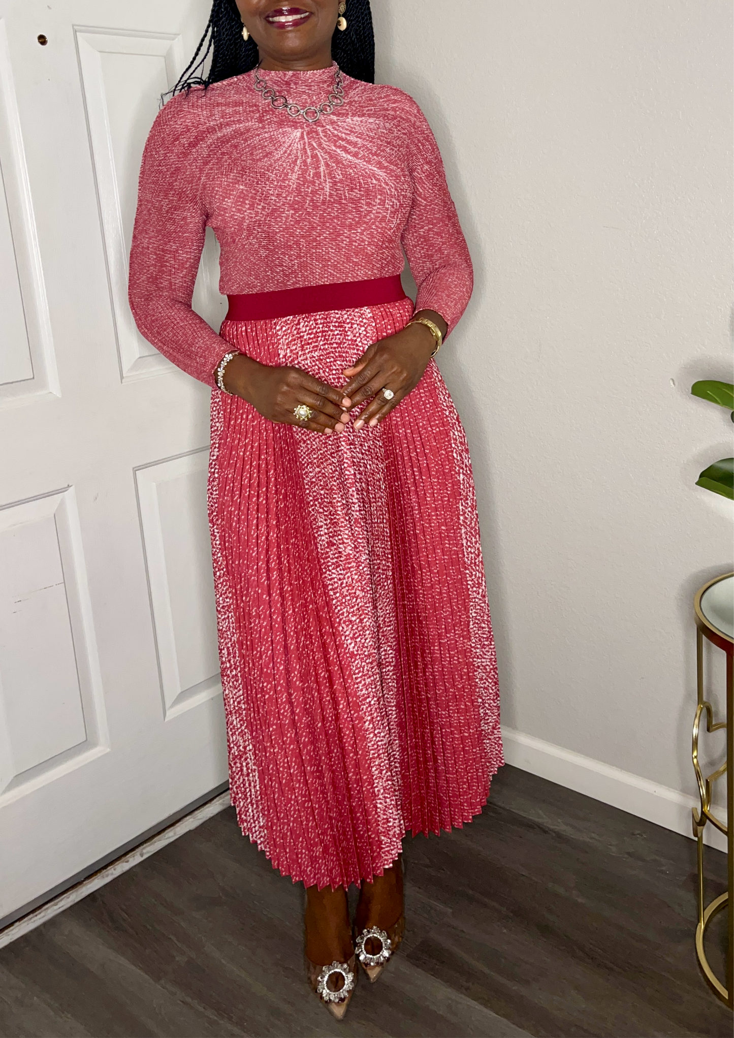 Long-sleeve Mesh Top and Pleats Skirt Set