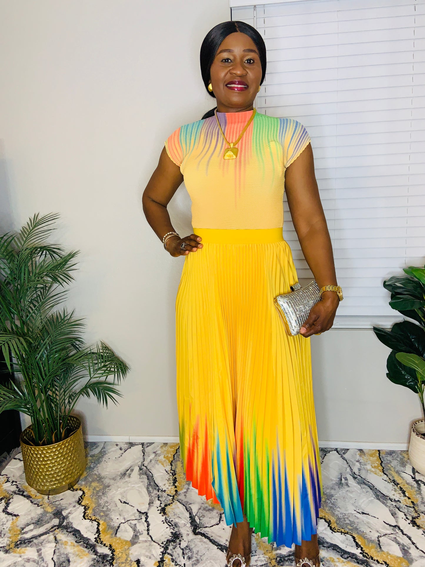 Yellow Color Pop Pleats Skirt Set