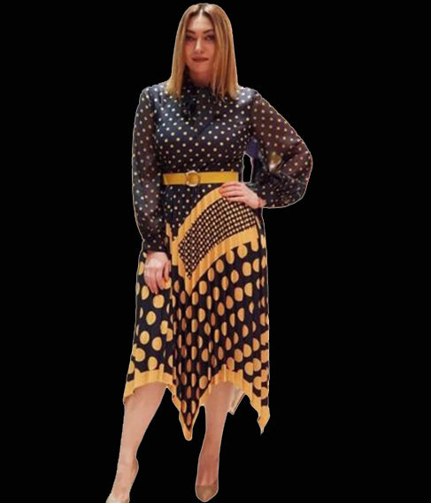 Lily Bowknot Neck Pleats Polka Dress - Gloveegeelooks-231