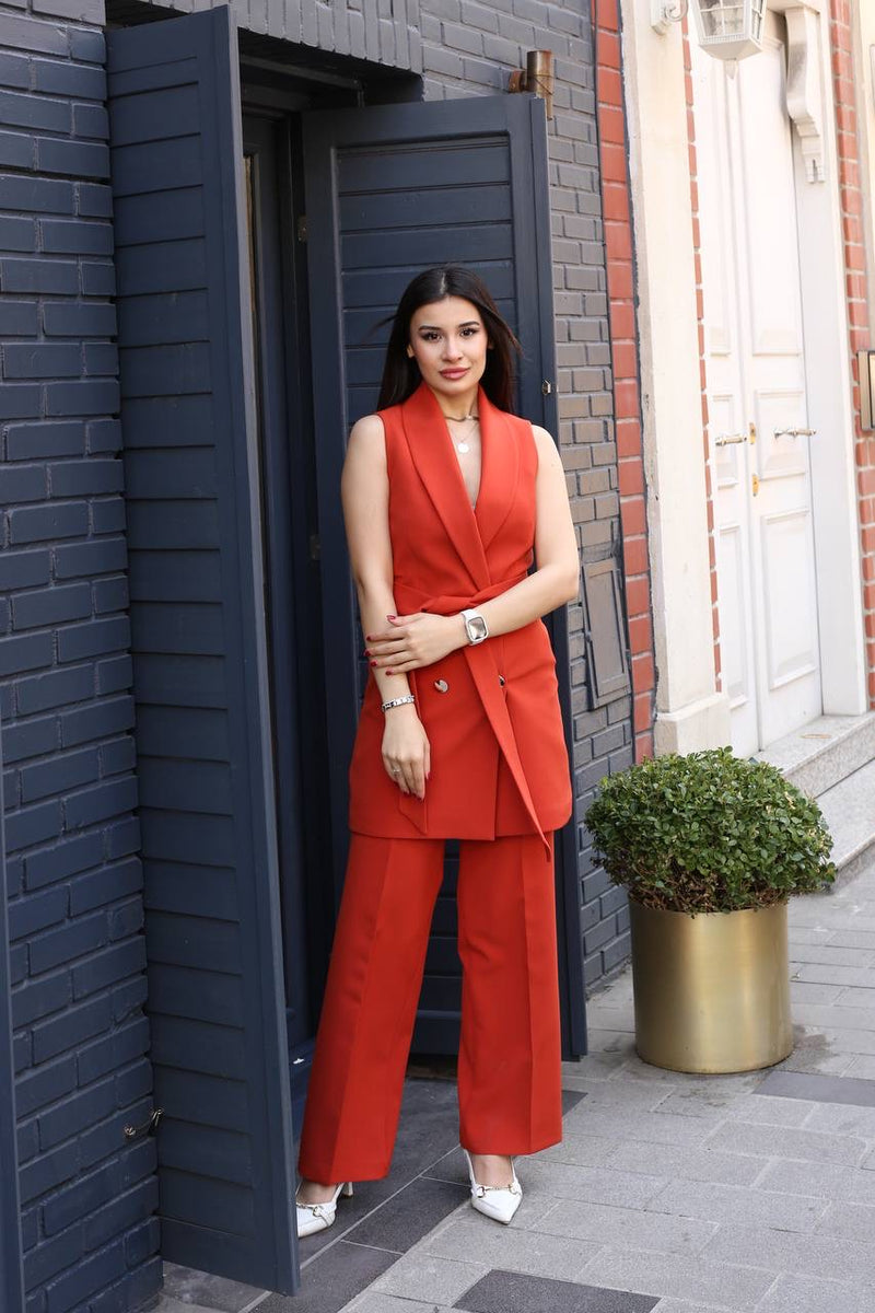 Double-breasted Sleeveless Pant Suit (Burnt Orange)