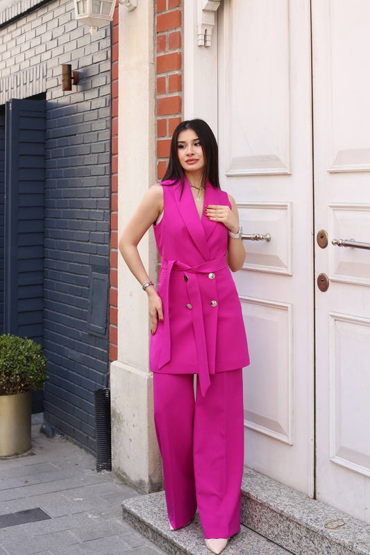Double-breasted Sleeveless Pant Suit (Fushia Pink)