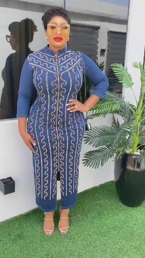Elegant Studded Denim Long Dress.